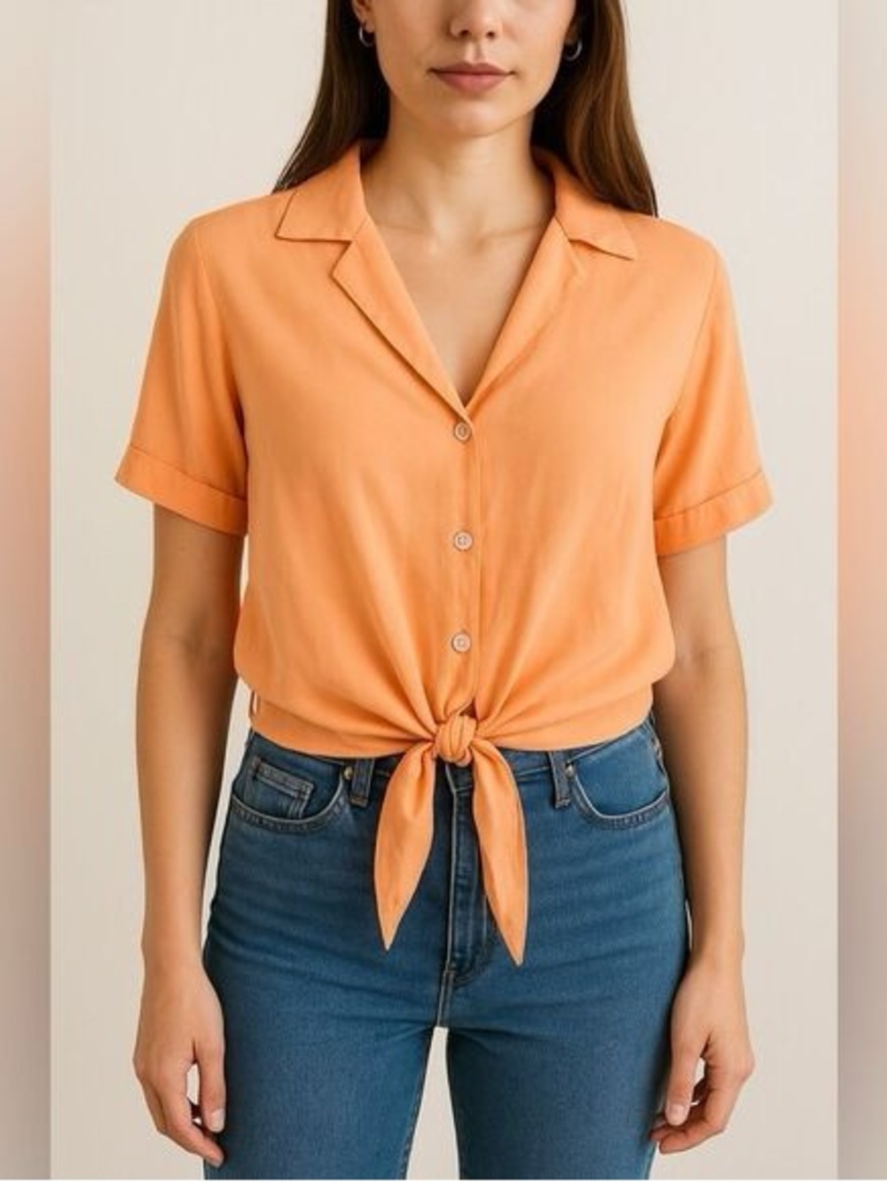 Joie Tie-Front Button Front V Neck Collar Short Sleeve Blouse Orange Peach Sz M